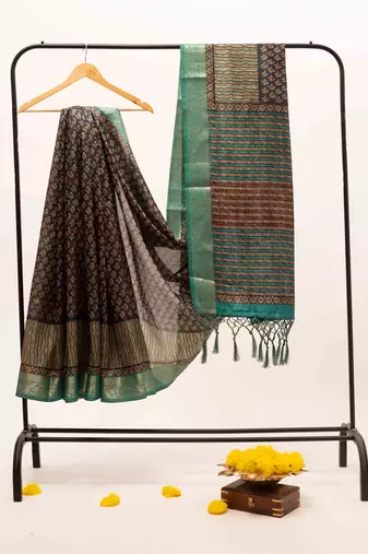 Floral print cotton silk saree with green border