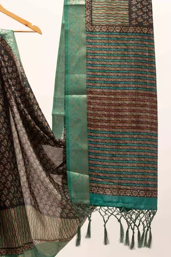 Floral print cotton silk saree with green border