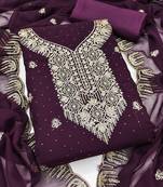 wine georgette salwar suit dress material with embroidered neck