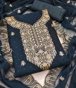 bluish grey georgette salwar suit dress material with embroidered neck