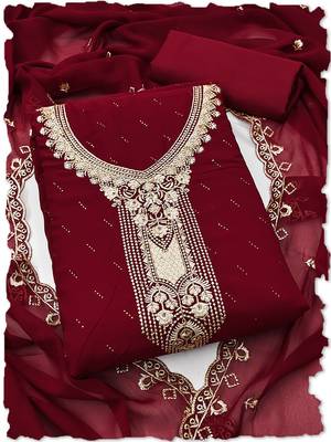 red georgette salwar suit dress material with embroidered neck 1
