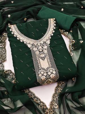 dark green georgette salwar suit dress material with embroidered neck 1