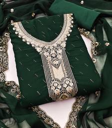 dark green georgette salwar suit dress material with embroidered neck
