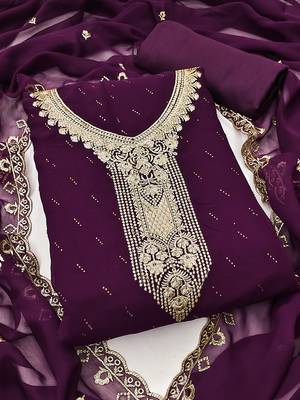 wine georgette salwar suit dress material with embroidered neck 1