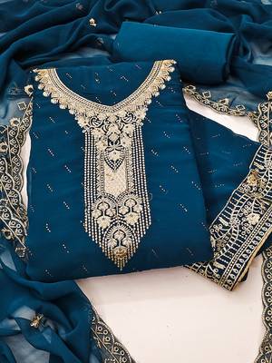 teal georgette salwar suit dress material with embroidered neck 1