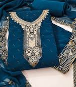 teal georgette salwar suit dress material with embroidered neck