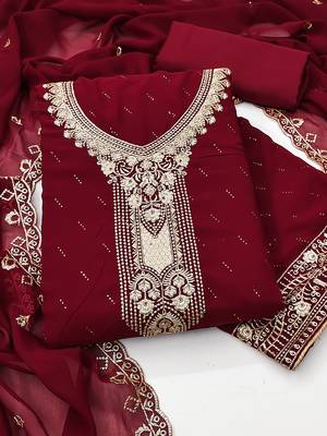 red georgette salwar suit dress material with embroidered neck 2