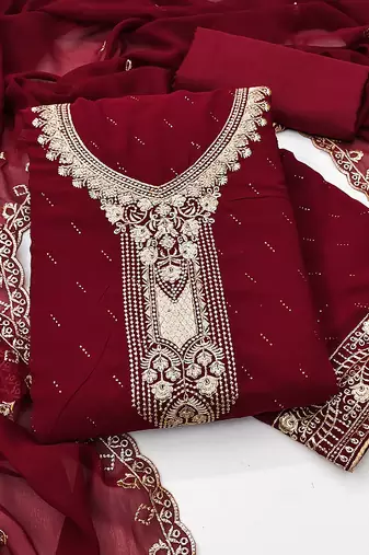 red georgette salwar suit dress material with embroidered neck