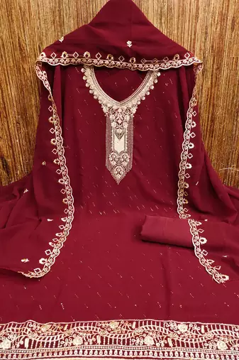red georgette salwar suit dress material with embroidered neck
