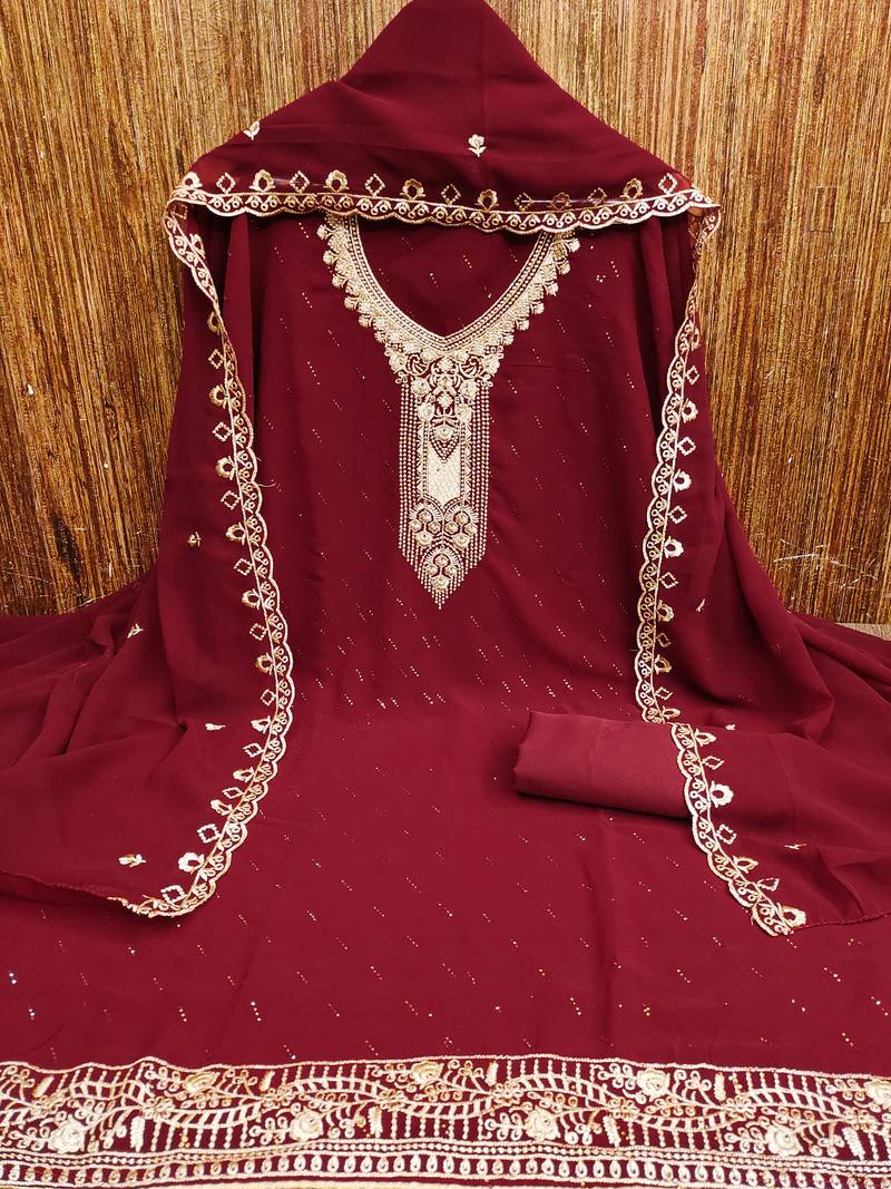 red georgette salwar suit dress material with embroidered neck