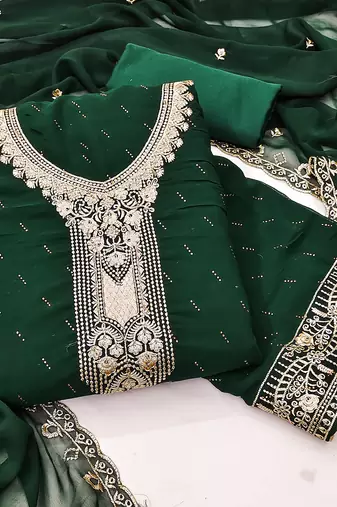 dark green georgette salwar suit dress material with embroidered neck