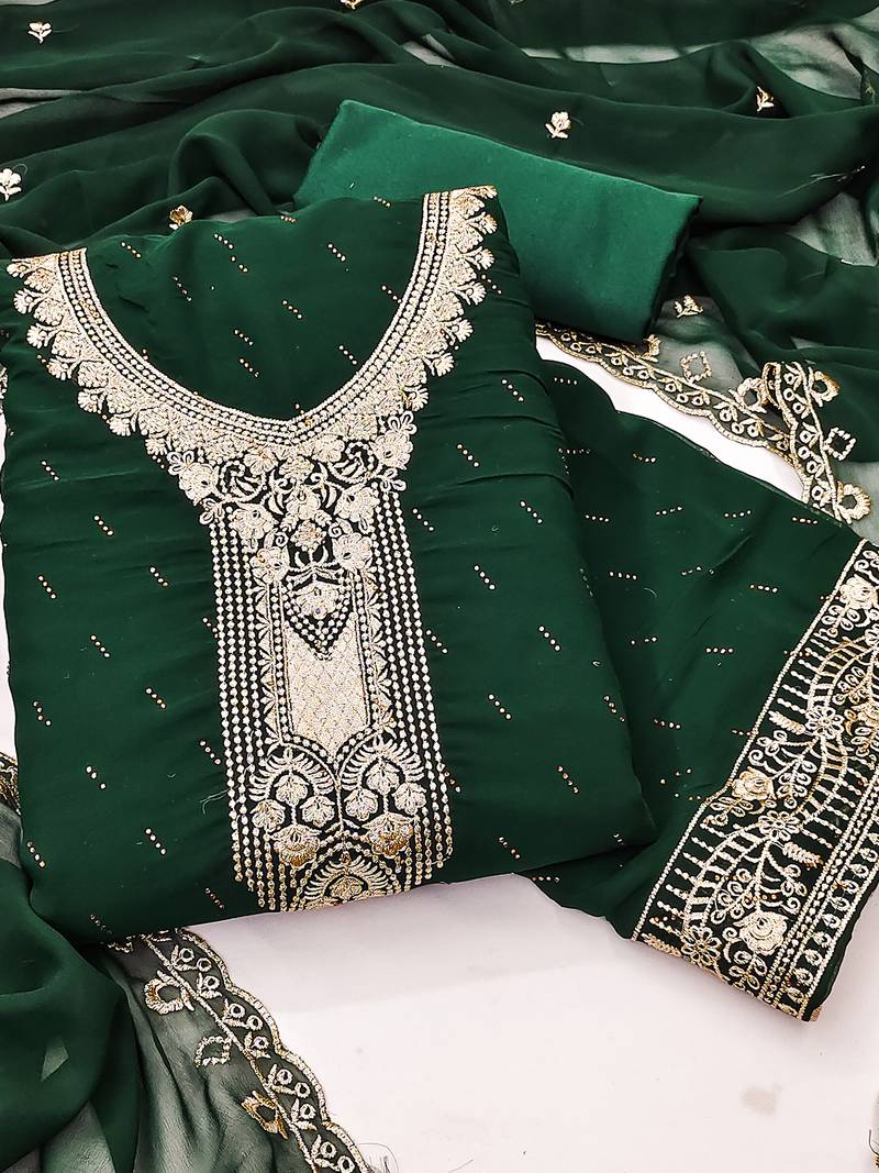 dark green georgette salwar suit dress material with embroidered neck
