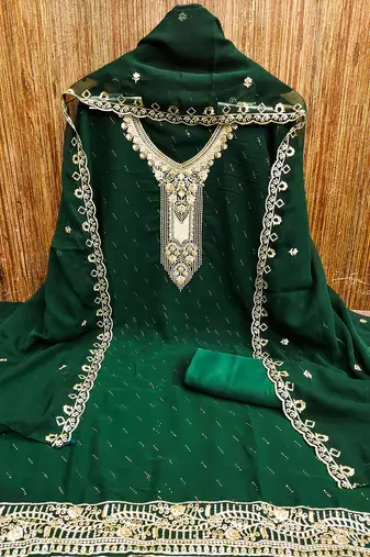 dark green georgette salwar suit dress material with embroidered neck