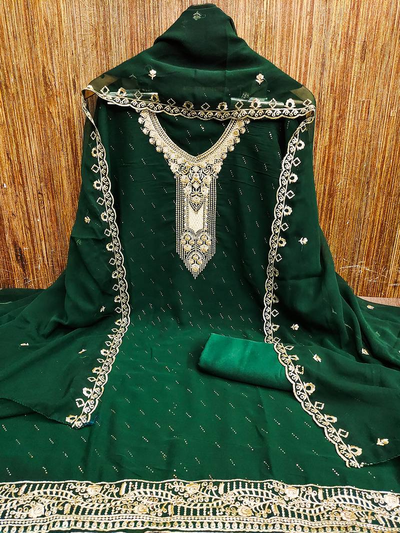 dark green georgette salwar suit dress material with embroidered neck