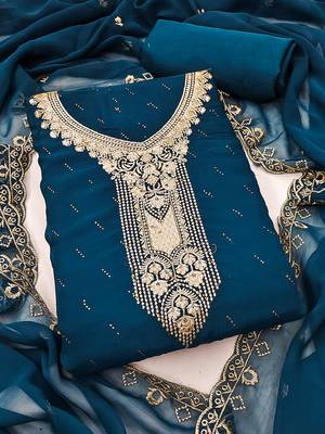 teal georgette salwar suit dress material with embroidered neck 2