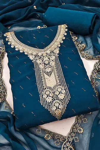 teal georgette salwar suit dress material with embroidered neck