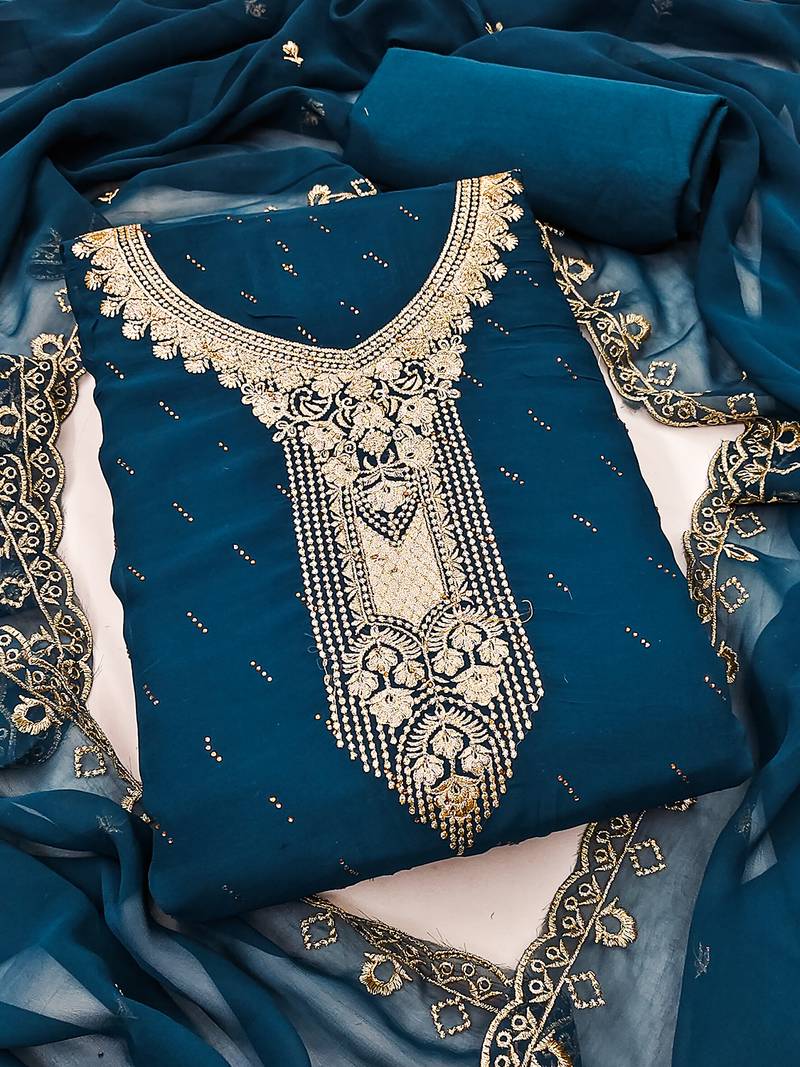 teal georgette salwar suit dress material with embroidered neck