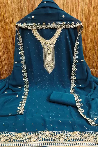 teal georgette salwar suit dress material with embroidered neck