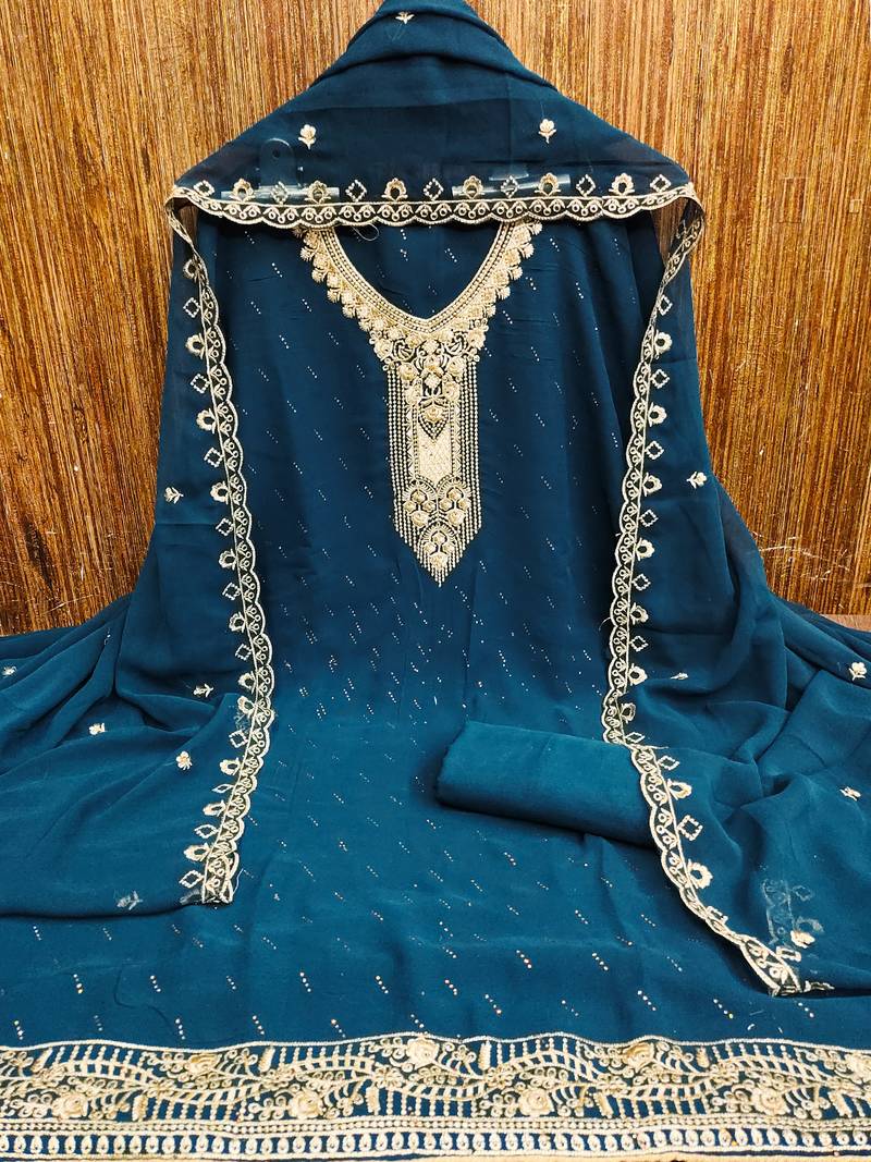 teal georgette salwar suit dress material with embroidered neck