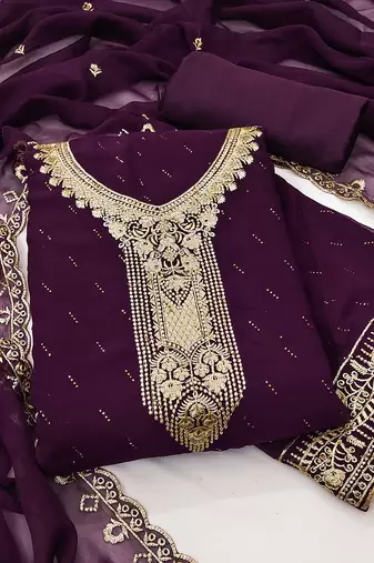 wine georgette salwar suit dress material with embroidered neck