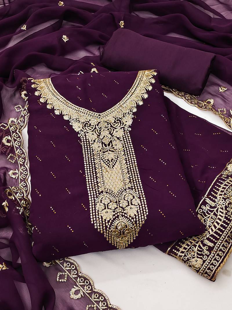 wine georgette salwar suit dress material with embroidered neck