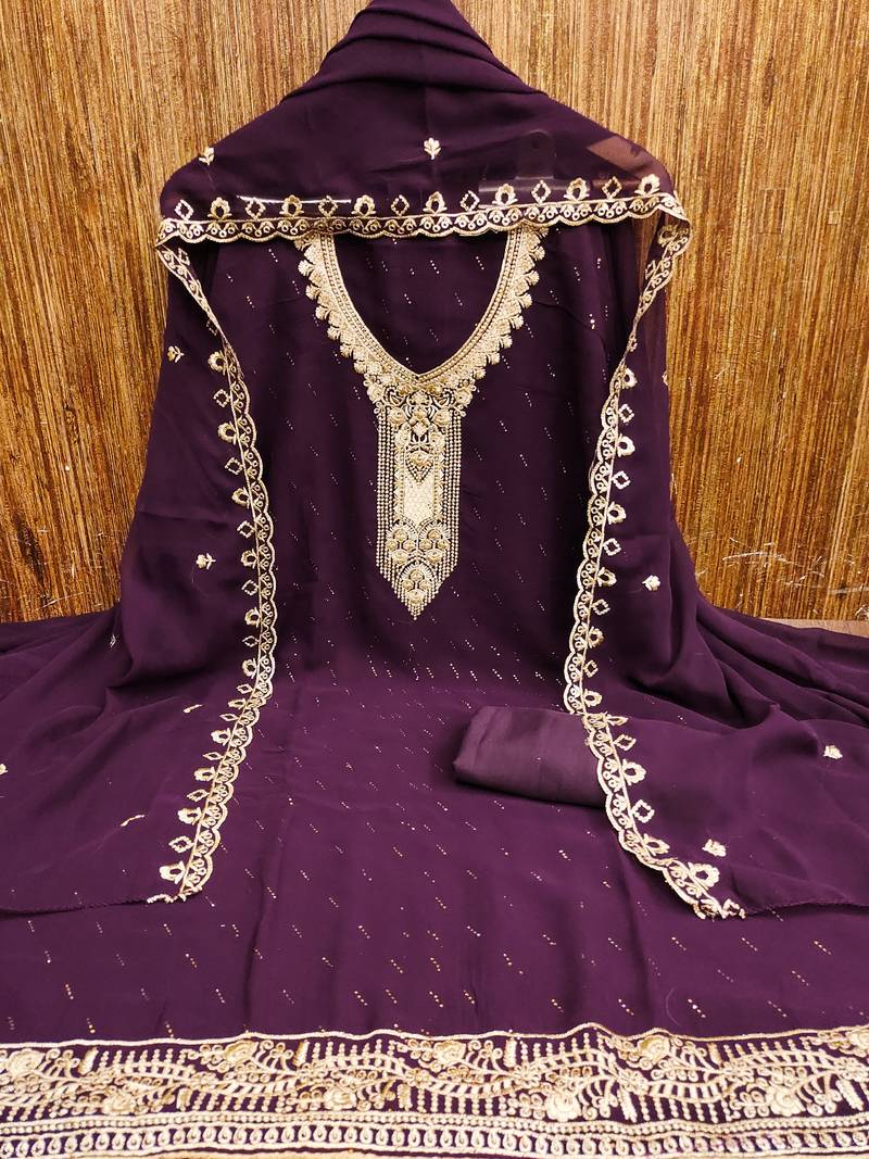 wine georgette salwar suit dress material with embroidered neck