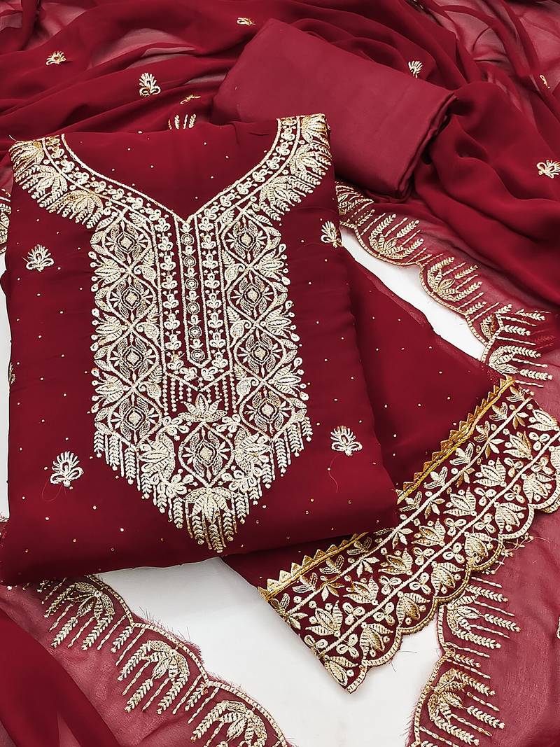 red georgette salwar suit dress material with embroidered neck