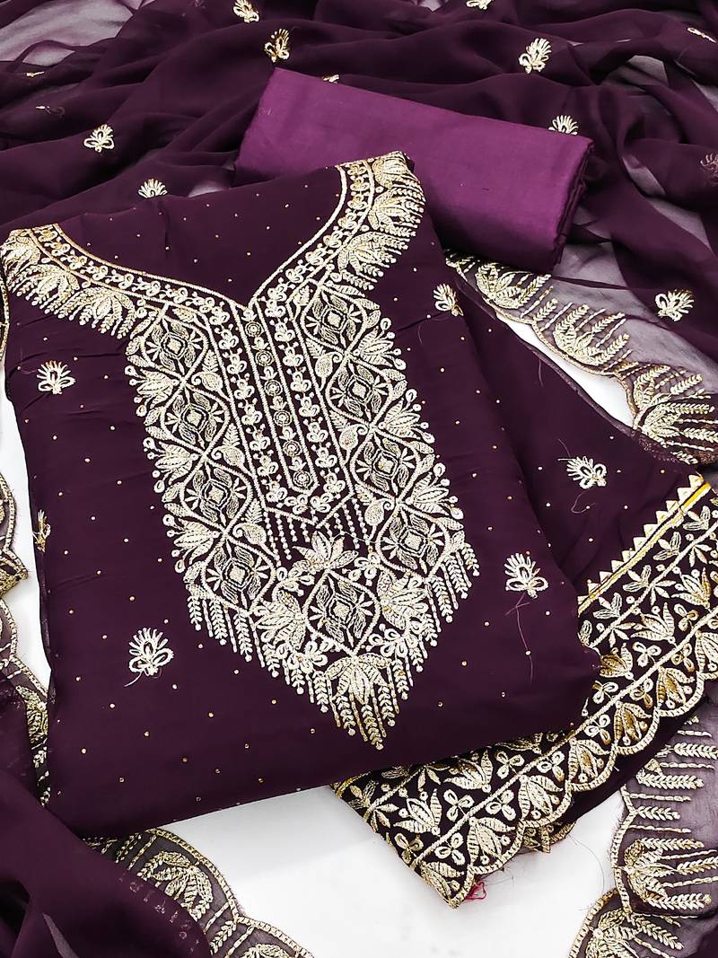 wine georgette salwar suit dress material with embroidered neck