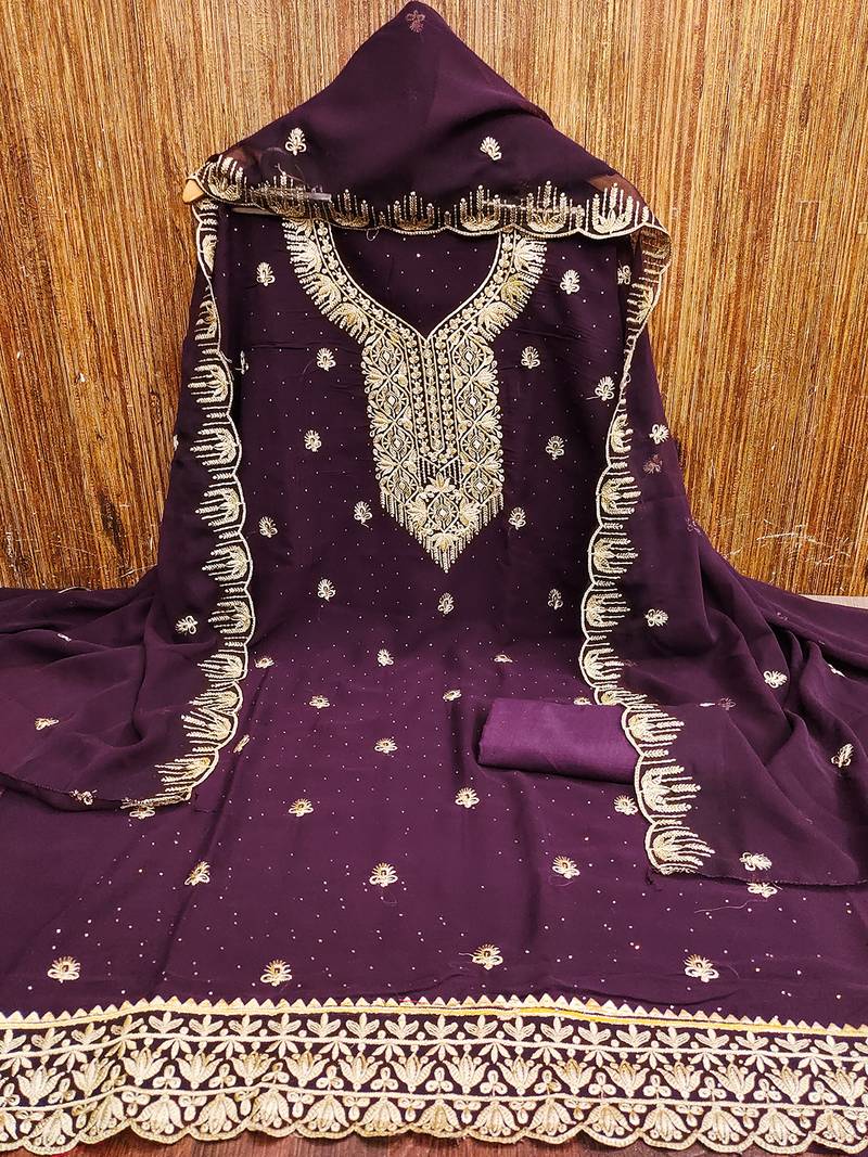wine georgette salwar suit dress material with embroidered neck