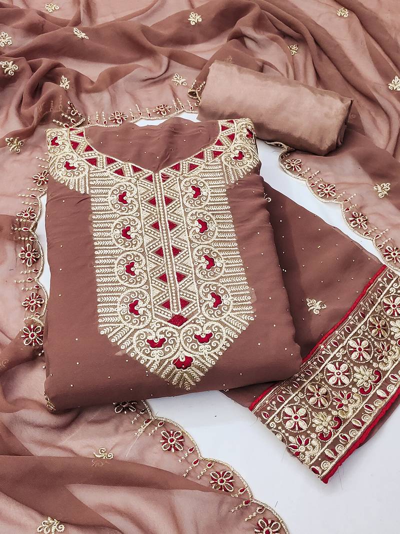 brown georgette salwar suit dress material with embroidered neck