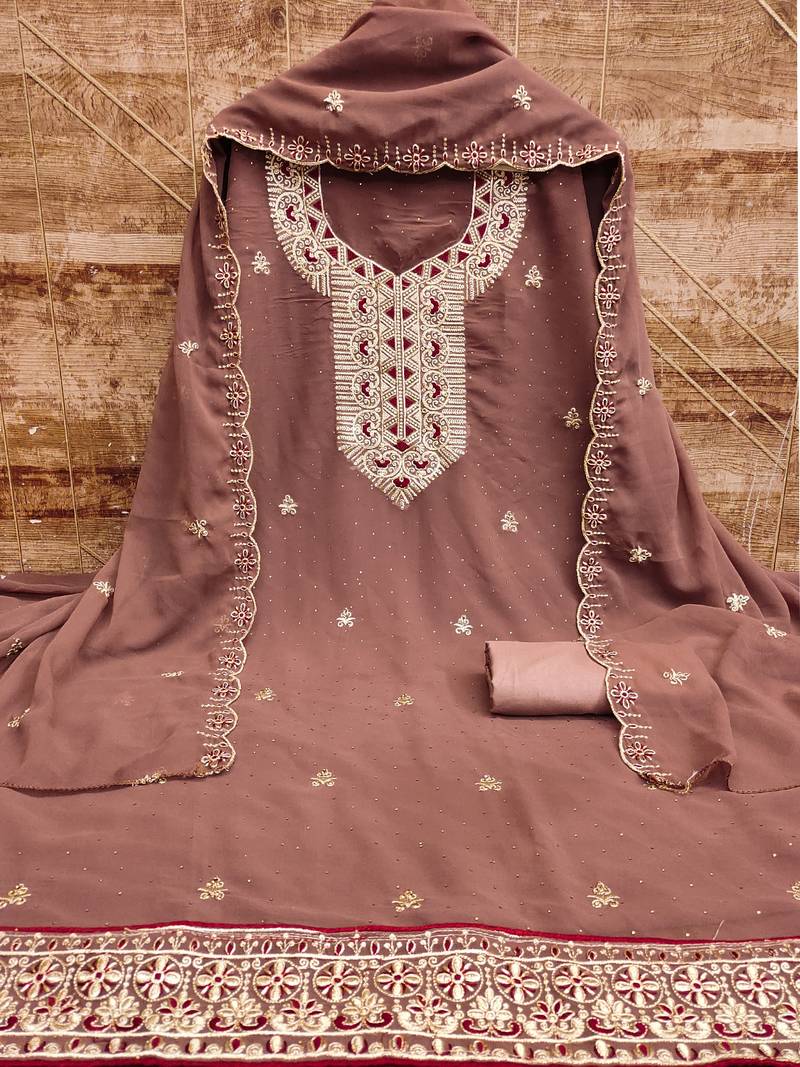 brown georgette salwar suit dress material with embroidered neck
