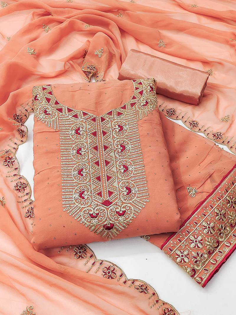 peach georgette salwar suit dress material with embroidered neck