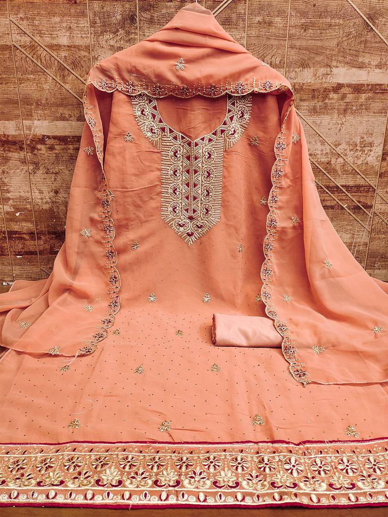 peach georgette salwar suit dress material with embroidered neck
