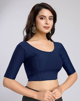 Trendmalls Cotton Lycra Stretchable Comfy Round Neck Elbow Sleeves Saree Blouse Readymade 3