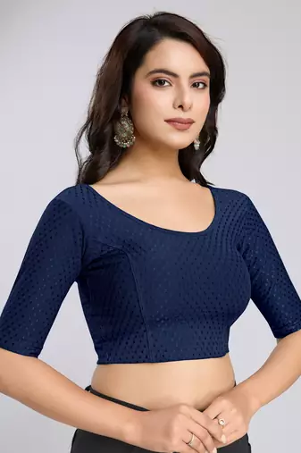 Trendmalls Cotton Lycra Stretchable Comfy Round Neck Elbow Sleeves Saree Blouse Readymade