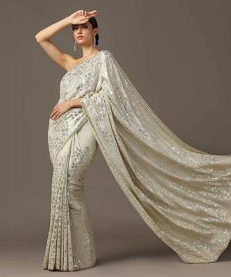 Beige sequin embellished saree set 1
