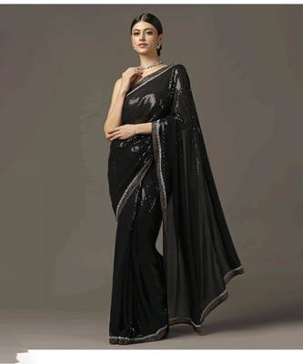 Black sequins embroidered saree set 5