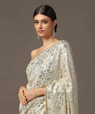 Beige sequin embellished saree set 2