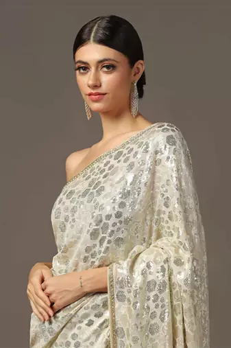 Beige sequin embellished saree set