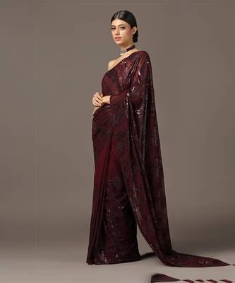 Maroon sequins embroidered saree set 1