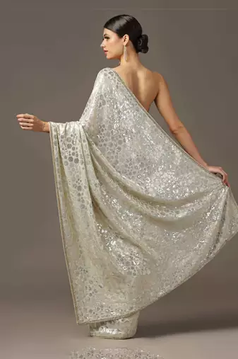 Beige sequin embellished saree set