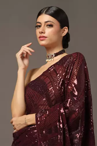Maroon sequins embroidered saree set