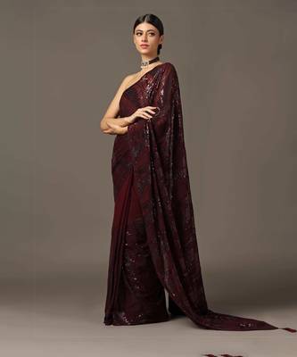Maroon sequins embroidered saree set 4