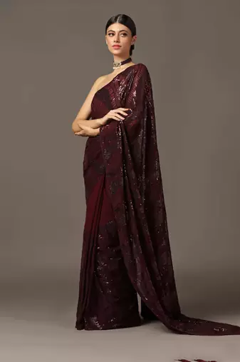 Maroon sequins embroidered saree set