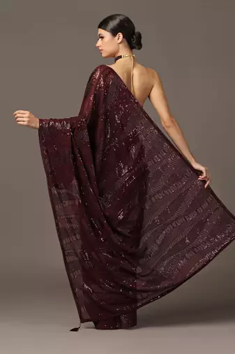 Maroon sequins embroidered saree set