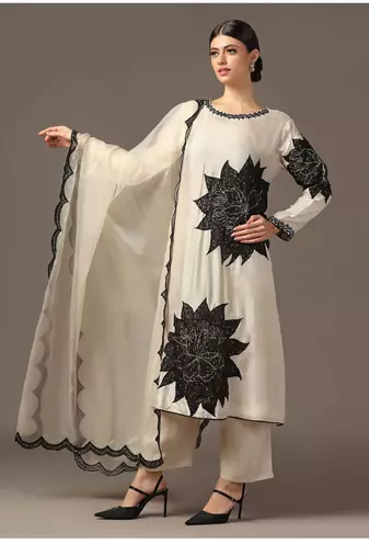 Cream starburst sequinned kurta set with organza duppatta