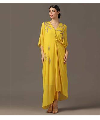 Yellow embroidered draped dress 1