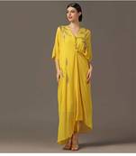 Yellow embroidered draped dress