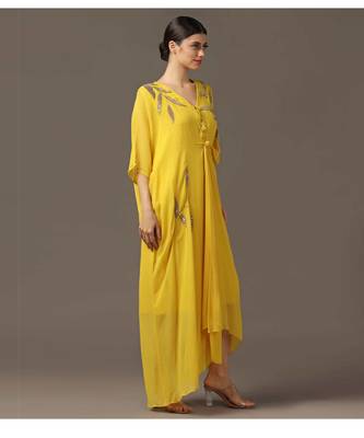 Yellow embroidered draped dress 2