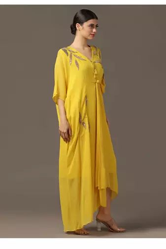Yellow embroidered draped dress